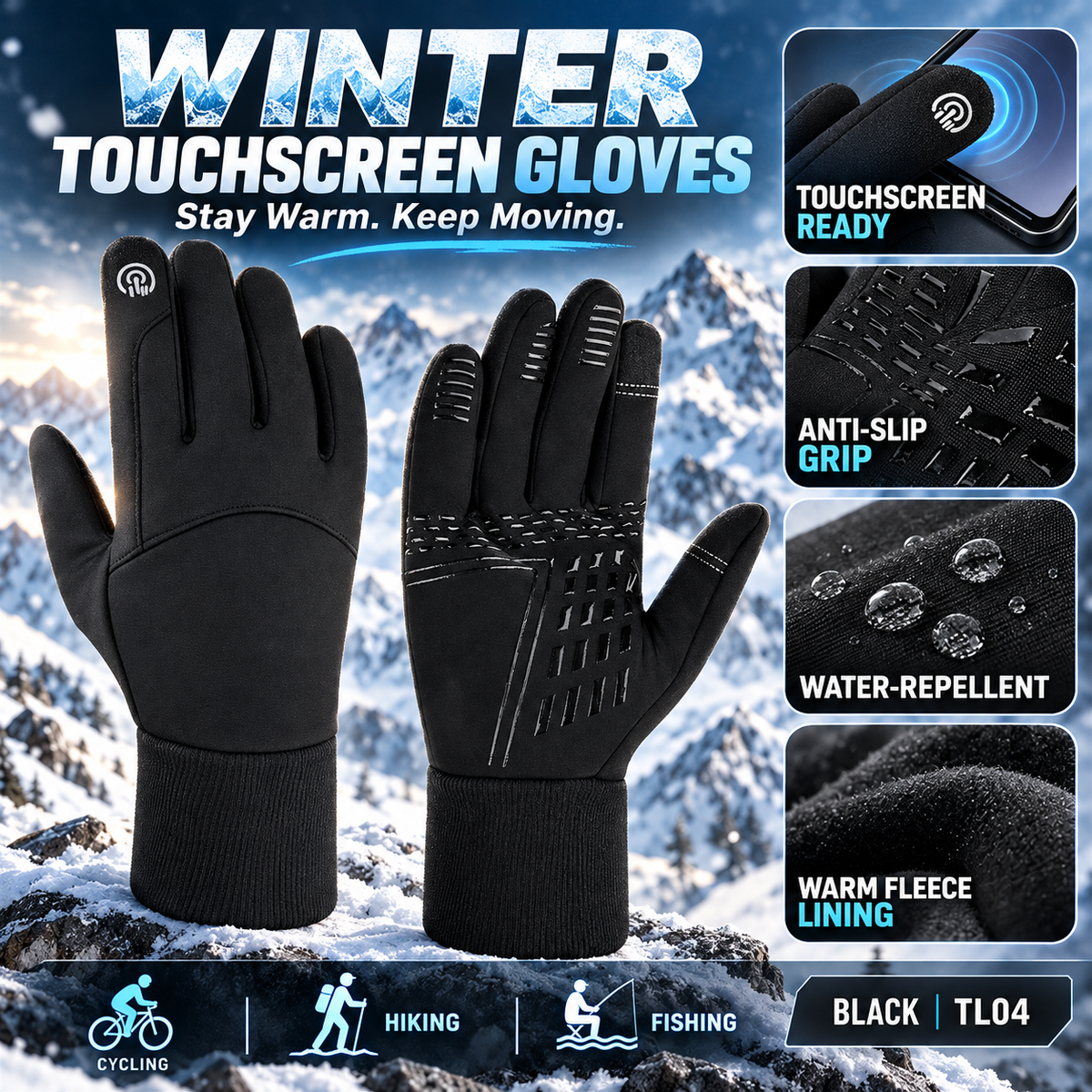 Winter Touchscreen Gloves for Men & Women – Windproof, Warm Fleece-Lined, Water-Repellent, Anti-Slip Gloves for Cycling, Hiking, Fishing & Outdoor Activities